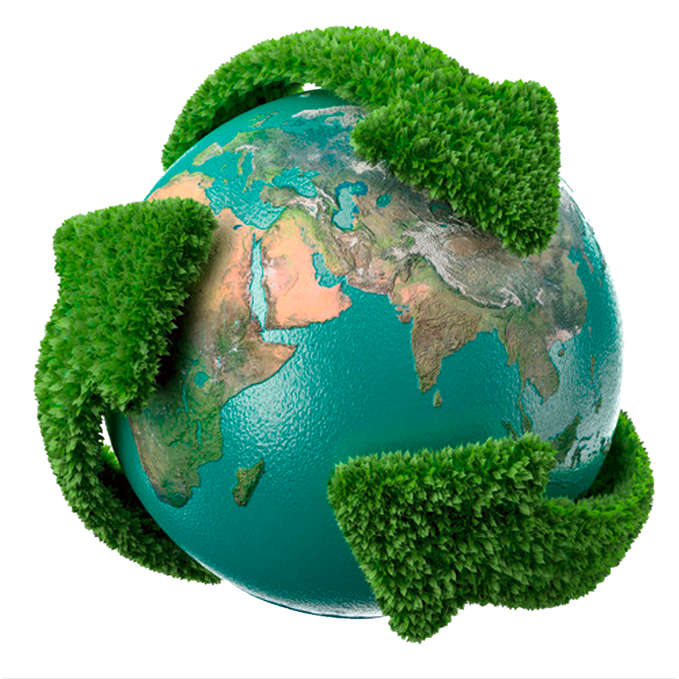 Earth globe with green pointers around to show a ecofriendly badge